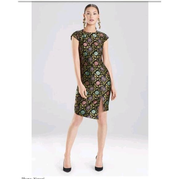 Josie Natori Ornate Dark Floral Jacquard Italian Cocktail Mini Dress, Size 12 - Picture 2 of 12